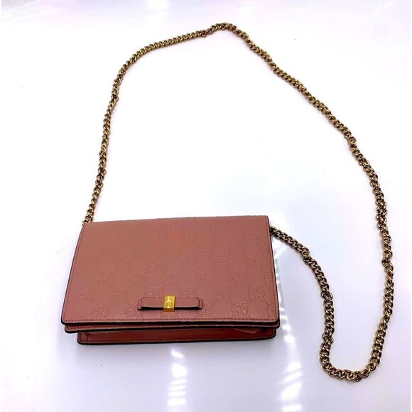 Auth Gucci Wallet On Chain Pink Beige Bow Guccisima Leather Gold Chain Strap Ex+ - Picture 4 of 16